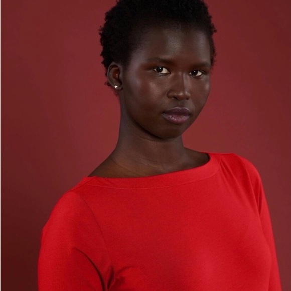 Universal Standard Red Pima Cotton Long Sleeve Bella Boatneck T-Shirt - Picture 2 of 14